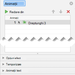 Panoul Animație are opțiuni de efect, opțiuni de temporizare și opțiuni efect text