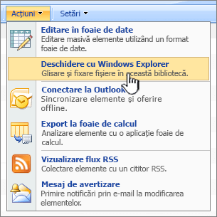 Opțiunea de meniu Deschidere Windows Explorer de sub Acțiuni
