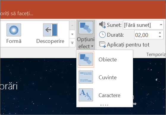 Afișează opțiunile pentru efecte de tranziție pentru tranziția Metamorfoză din PowerPoint 2016