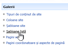 Linkul șablon de listă din meniul galerii
