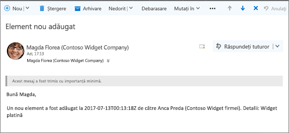 E-mailul trimis de Microsoft Flow atunci când un element se modifică