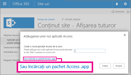 Uploading an Access app package to the Add an app page on a SharePoint site