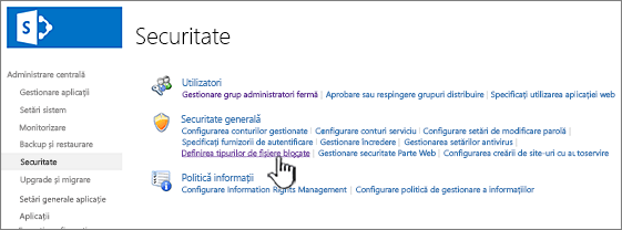 Setarea fișierelor blocate din securitatea administrării centrale