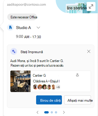 Captură de ecran a fișei cu locația de la locul de muncă, care include un buton pentru Rezervați un birou pentru un eveniment în persoană.