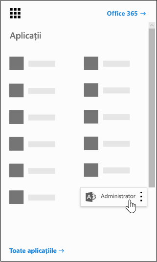 Lansatorul de aplicații Office 365 cu aplicația Admin evidențiată
