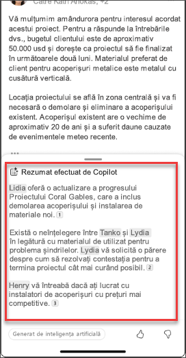 Un rezumat al e-mailului de la Copilot în iOS și Android