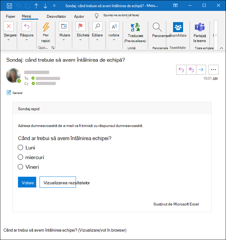 Microsoft Forms sondaj într-un mesaj de e-mail Outlook