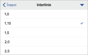 Comanda Interlinie, afișând opțiunile de formatare, cu 1.15 selectat
