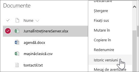 Meniul pentru clic cu butonul din dreapta Bibliotecă de documente cu istoricul versiunilor evidențiat