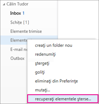 Calea de meniu pentru a accesa caseta de dialog Recuperați elementele șterse din Outlook Web App