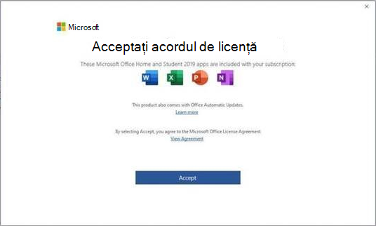 Acord de licență pentru utilizatorul final Microsoft Office 2019.