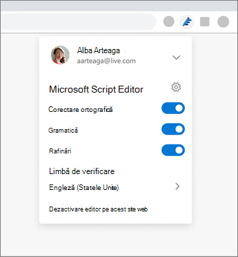 Editor Microsoft extensie afișând meniul vertical din browser cu setări pentru activarea și dezactivarea opțiunilor