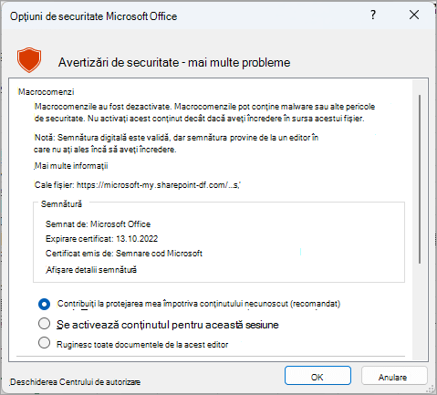 Caseta de dialog avertizare de securitate din Microsoft Excel