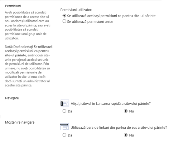 SharePoint 2016 Subsite dialog showning navigare și permisiunea de secțiune
