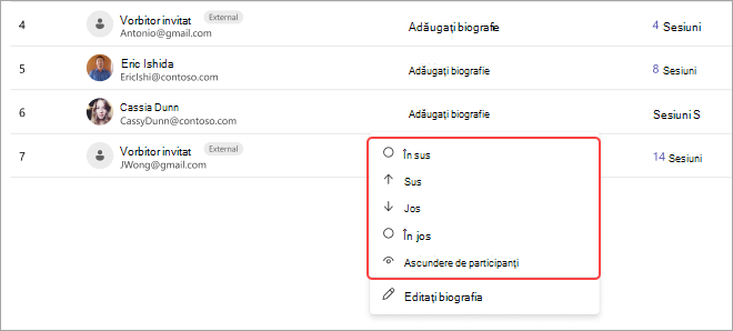 Captură de ecran a întâlnirii Teams afișând lista de participanți și opțiunile pentru a le ajusta pozițiile: sus, sus, jos, jos sau ascundere.