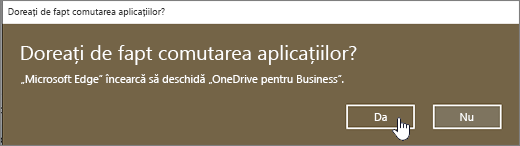 Caseta de dialog comutare din browserul Windows 10 Edge cu da evidențiat