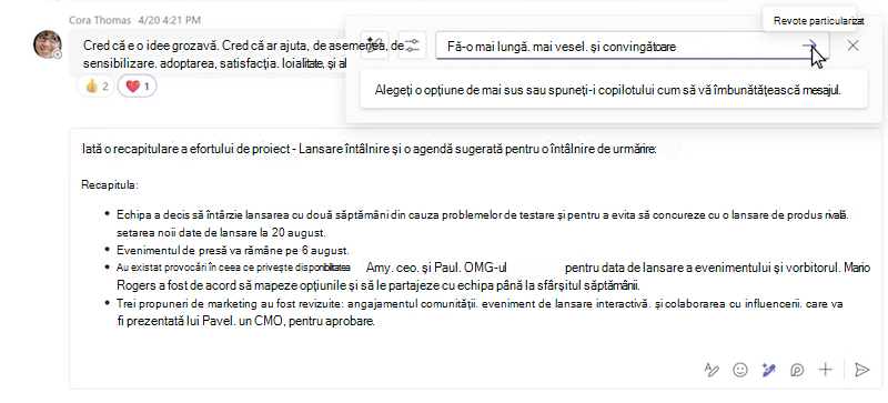 Rescrierea personalizată a unui mesaj utilizând Copilot în chatul Microsoft Teams.