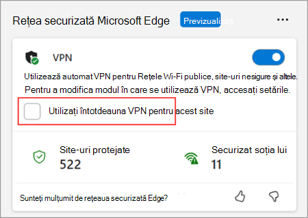 Verificați Utilizați întotdeauna VPN pentru acest site în meniul Browser Essentials.