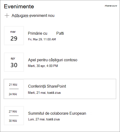 Exemplu de intrare parte Web evenimente pentru site-ul Hub modern în SharePoint Online