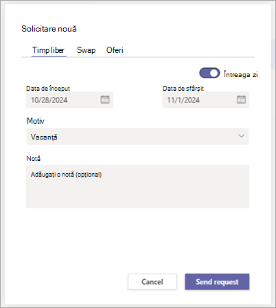Caseta de dialog Solicitare nouă în Ture, afișând fila Timp liber pentru solicitarea unei expirări.
