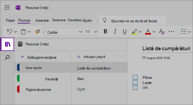 Vizualizarea interfeței de utilizator web OneNote afișând zona de conținut