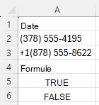 Utilizarea REGEXTEST pentru a verifica dacă numerele de telefon au o sintaxă specifică, cu modelul "^\([0-9]{3}\) [0-9]{3}-[0-9]{4}$"