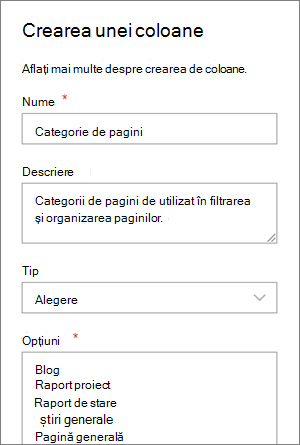 Example of setting up a category choice column for blogs