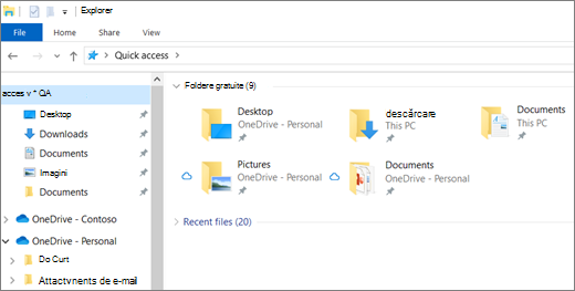 Explorer în Windows 10 cu folderele Desktop, Documente și Imagini din OneDrive