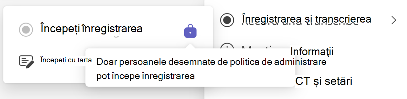 Captură de ecran a butonului Începeți înregistrarea teams cu pictograma Blocare și sfatul ecran