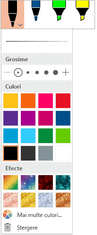 Opțiuni pentru culoare și grosime pentru un stilou din galeria de stilouri Office din fila Desenare