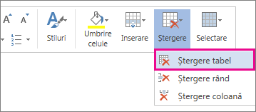 Imagine cu o parte din meniul pop-up care se deschide atunci când selectați conținutul unei celule de tabel în Word Web App, cu opțiunea Ștergere tabel evidențiată.