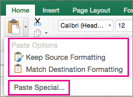 Paste menu, showing options and Paste Special