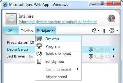 Meniul de partajare Lync Web App