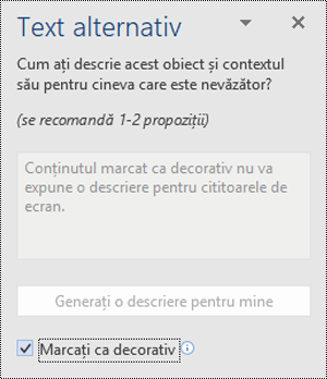 Panoul Text alternativ cu opțiunea Marcare ca decorativ selectată în Word pentru Windows.