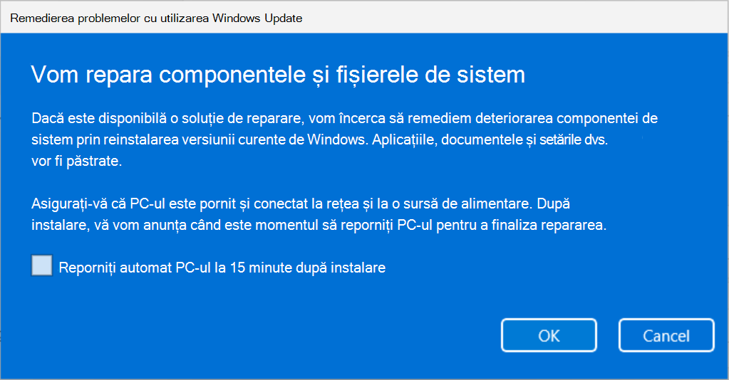 Captură de ecran cu Remedierea problemelor utilizând Windows Update care explică faptul că componentele și fișierele de sistem vor fi reparate cu Windows Update.