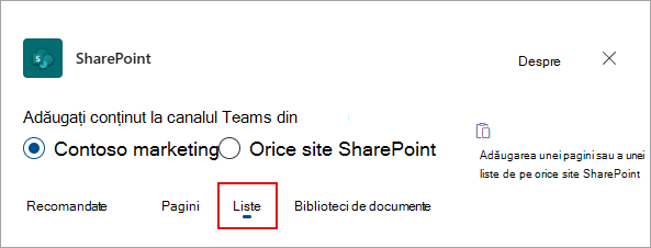 Selectați Liste pentru a adăuga liste la canalul Teams.