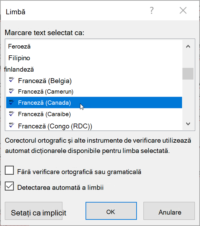 Captură de ecran din Word. Popup listează limbile care pot fi selectate. "Detectare automată a limbii" este bifată. 