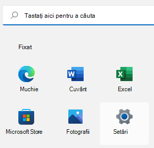 Windows 11 meniul Start cu Setările evidențiate.