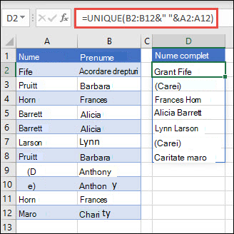 Se utilizează UNIQUE cu mai multe zone pentru a concatena coloanele Prenume/Nume în Nume complet.