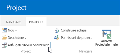 Adăugarea butonului de site-uri SharePoint pe panglică în centru proiect