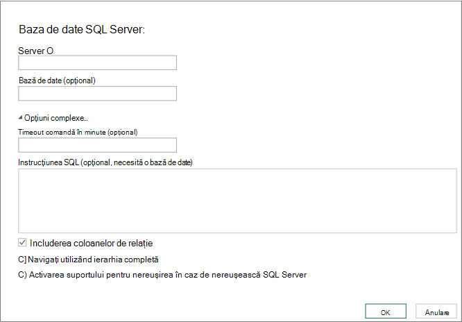 Caseta de dialog Bază de date SQL Server