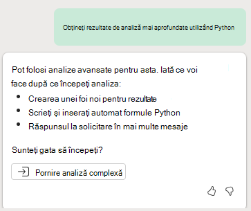 Captură de ecran afișând solicitarea de a începe o analiză complexă cu Copilot în Excel cu Python.