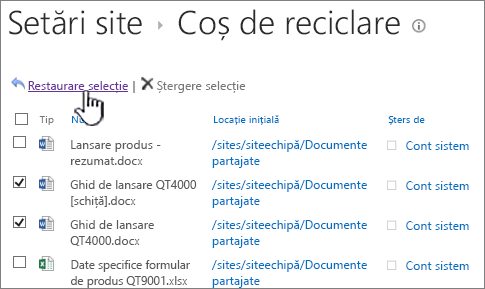 Coș de reciclare sharePoint 2013 de nivel 2, cu butonul restaurare evidențiat