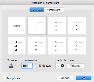Office for Mac Bullet and Numbering dialog