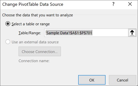 Caseta de dialog Modificare sursă de date PivotTable