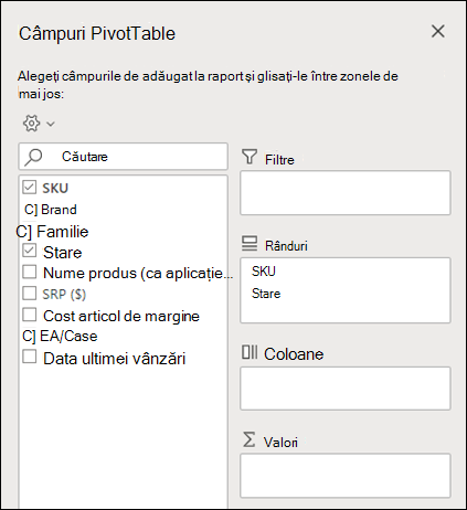 Câmpuri PivotTable în Excel pentru web