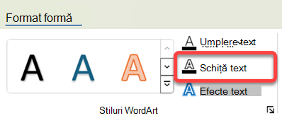 Pentru a modifica bordura obiectului WordArt, selectați-o și, pe fila Format formă, selectați Contur text.