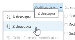 Meniul de sortare verticală de pe un antet de coloană