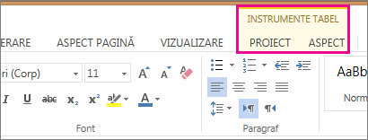 Imagine cu filele Proiectare și Aspect, sub Instrumente tabel, în Word Web App