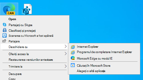 Atunci când faceți clic dreapta pe o pictogramă de fișier VSDX, meniul include o opțiune de deschidere a fișierului pentru "Microsoft Edge cu modul IE".